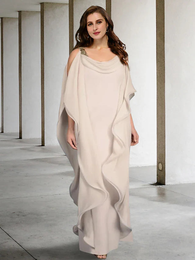 Wholesale Sheath / Column Plus Size Curve Mother of the Bride Dresses Elegant Dress Formal Floor Length Sleeveless Jewel Neck Chiffon with Beading Ruffles